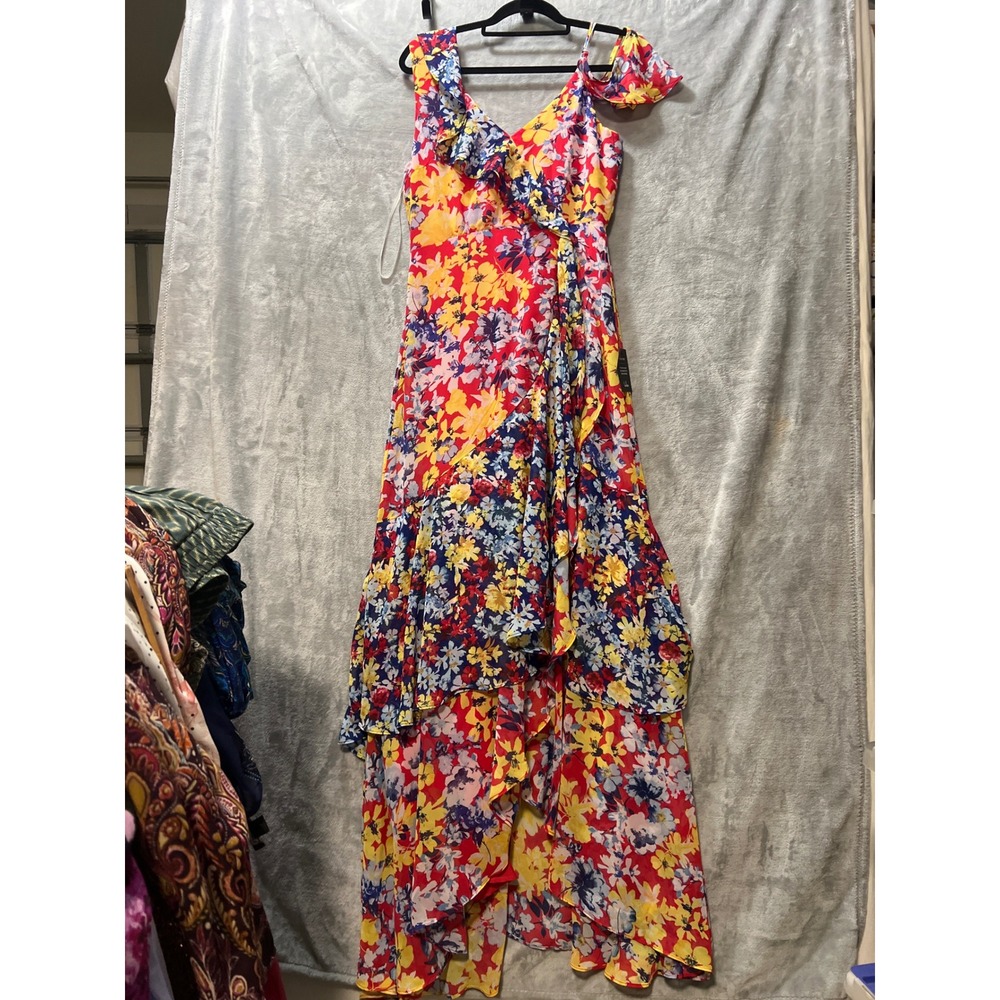 Lulus Maxi Dress Floral High-LowRuby Red Ruffle Cold Shoulder Medum - Picture 6 of 16